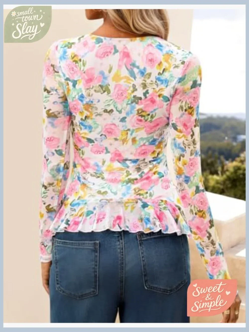 Long Sleeve Floral V-Neck Blouse with Ruffle Detail, Slim Fit - Picture 4 of 6